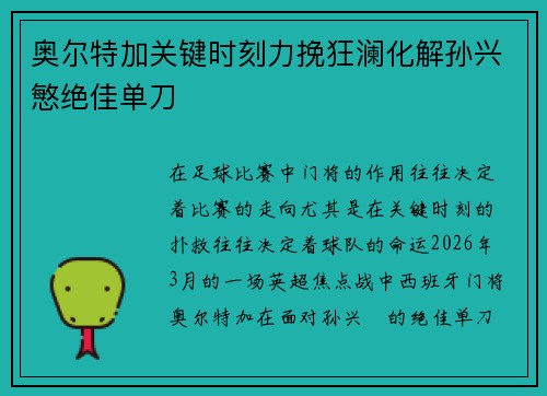 奥尔特加关键时刻力挽狂澜化解孙兴慜绝佳单刀 奥尔特加关键时刻力挽狂澜化解孙兴慜绝佳单刀